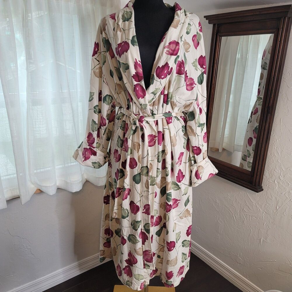 Amanda Stewart Cozy Wear Bath Robe Floral Wrap House Coat Lounge Belted Pockets